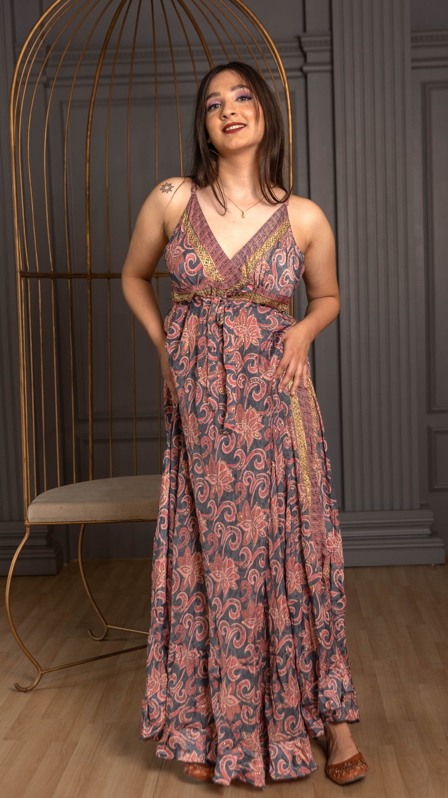 BOHO V-Neck Gold Foil Print Maxi Dress