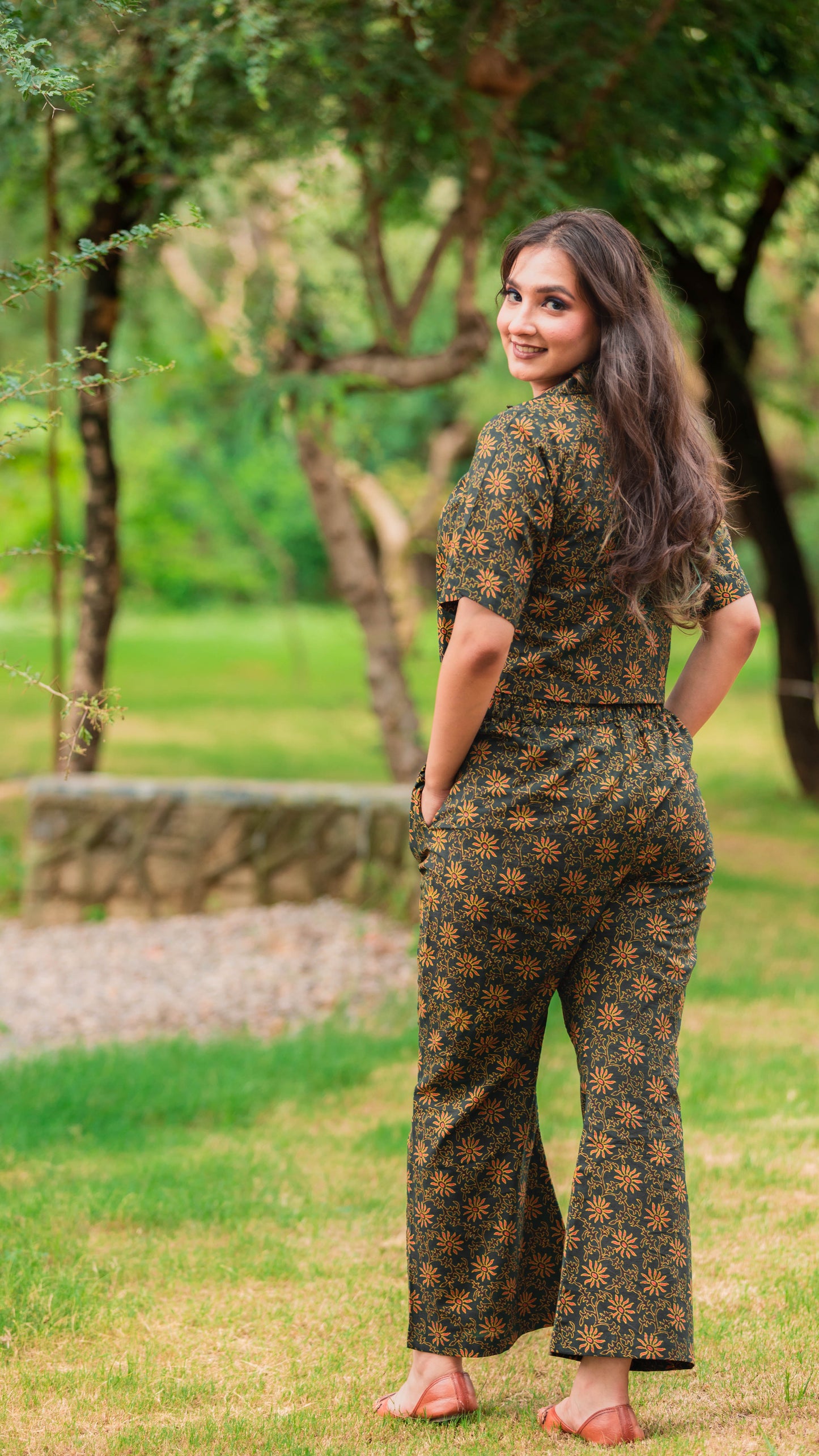 Hand Block Napthol Ajrakh Crop Top With Bell Bottoms Co-Ord Set