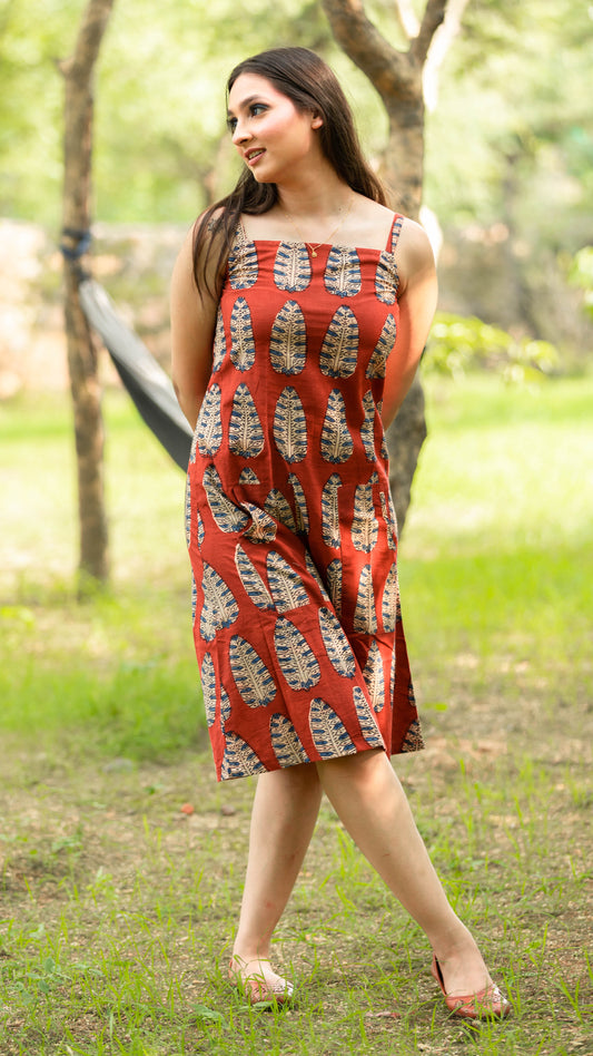 Hand Block Bagru Printed Straight Neck Dress