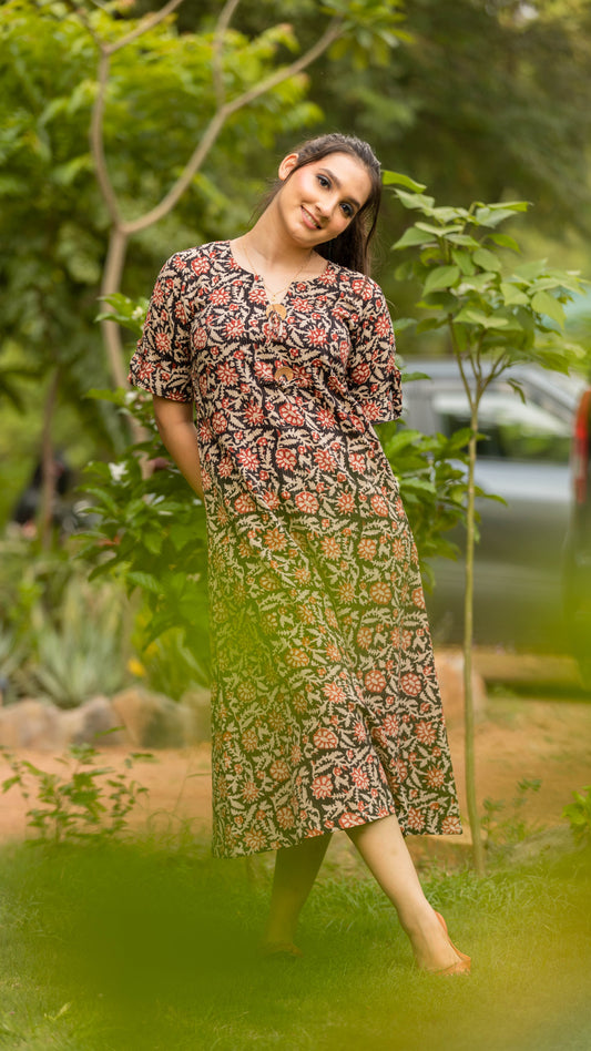 Hand Block Cotton Kata Bagru Printed Dress