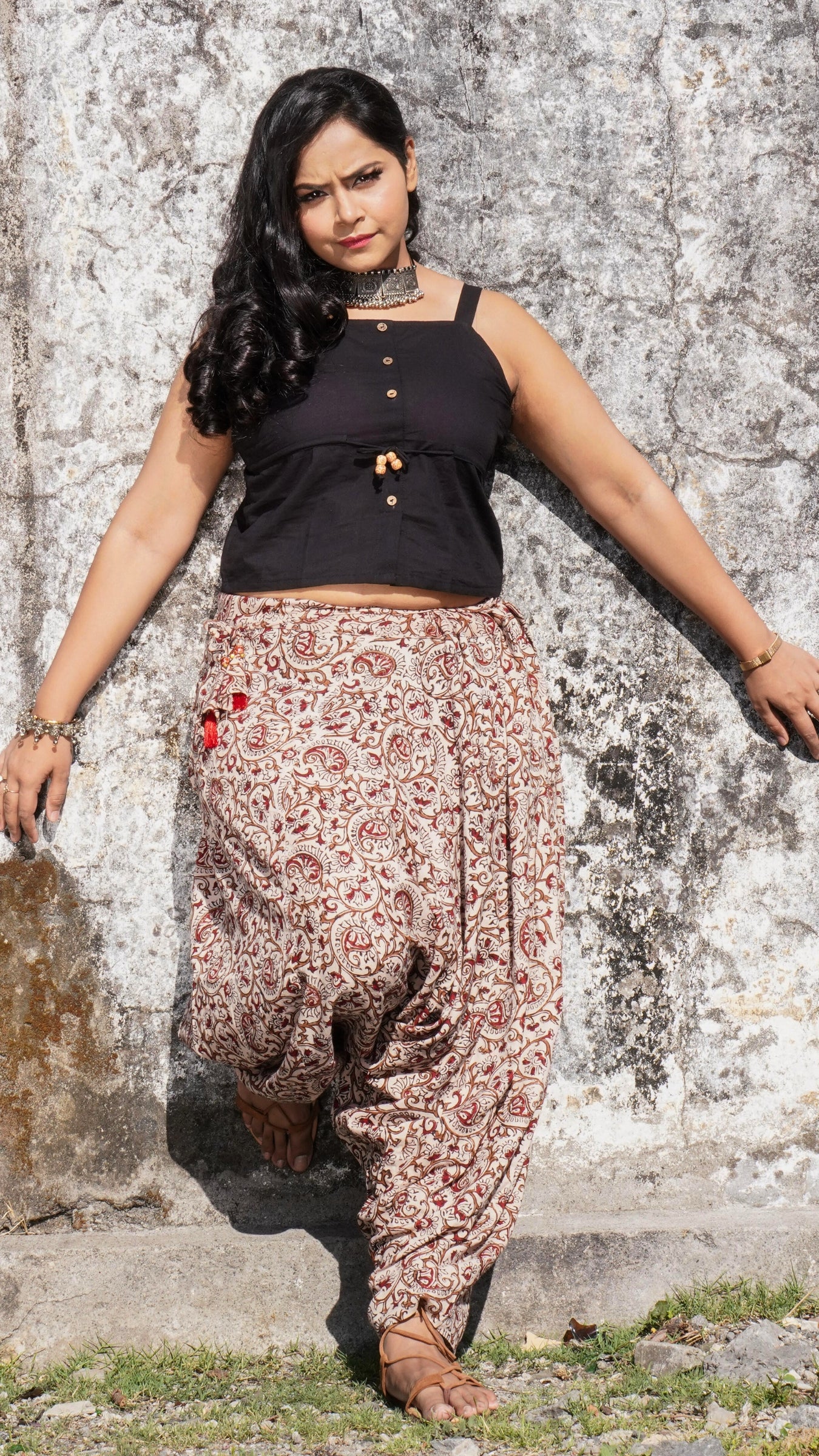 Hand Block Kalamkari Flower Print Harem With Crop Top